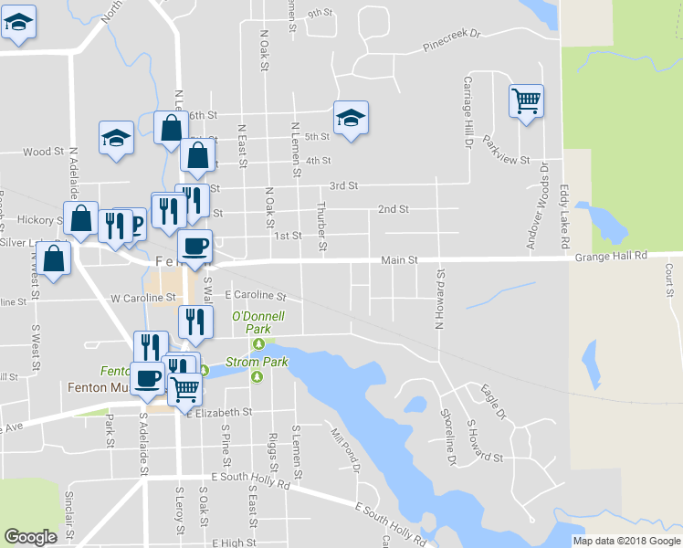 map of restaurants, bars, coffee shops, grocery stores, and more near 606 Main Street in Fenton