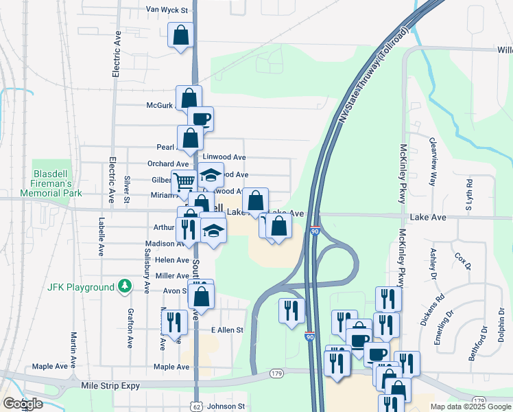 map of restaurants, bars, coffee shops, grocery stores, and more near 4277 Oakwood Avenue in Buffalo