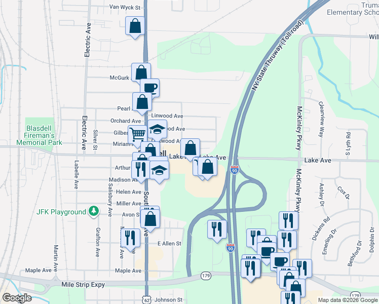 map of restaurants, bars, coffee shops, grocery stores, and more near 4277 Oakwood Avenue in Buffalo