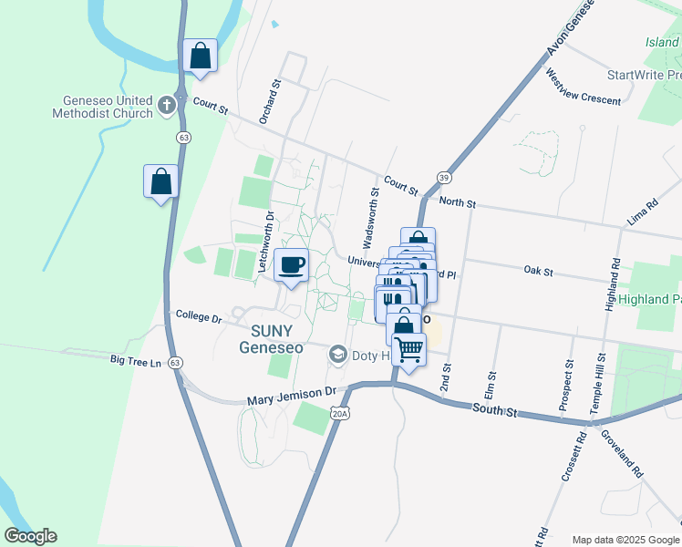 map of restaurants, bars, coffee shops, grocery stores, and more near 1 College Circle in Geneseo