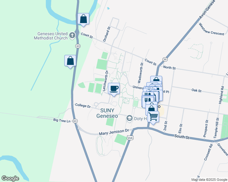 map of restaurants, bars, coffee shops, grocery stores, and more near 1 College Circle in Geneseo