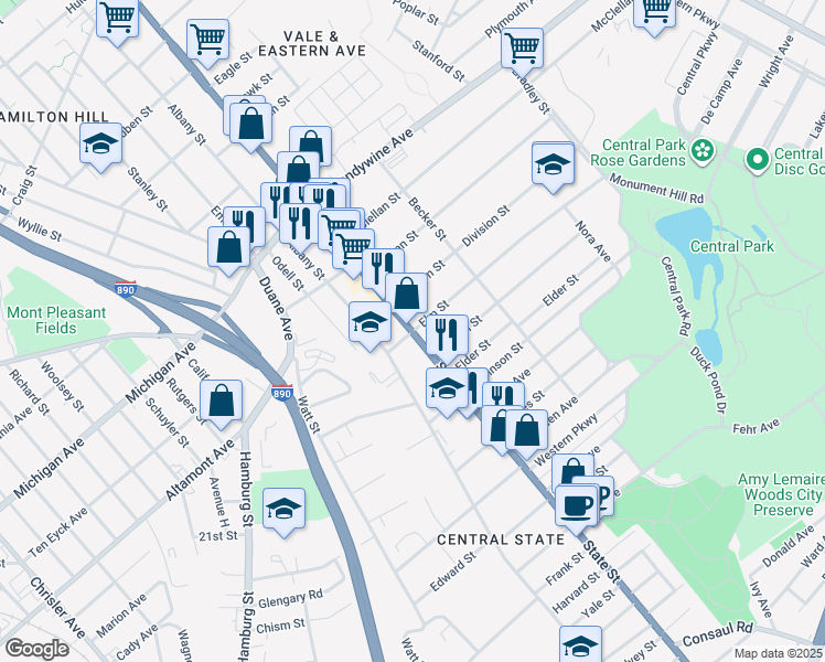 map of restaurants, bars, coffee shops, grocery stores, and more near 1 Elm Street in Schenectady