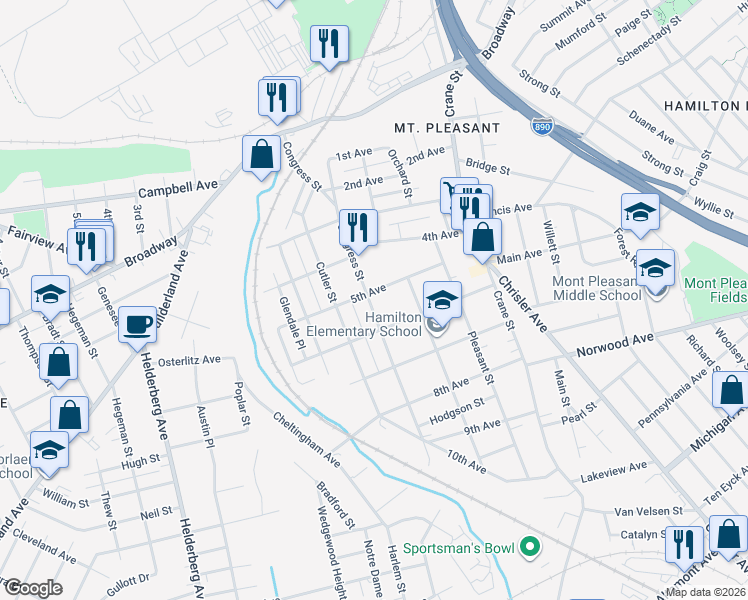 map of restaurants, bars, coffee shops, grocery stores, and more near 1009 Congress Street in Schenectady