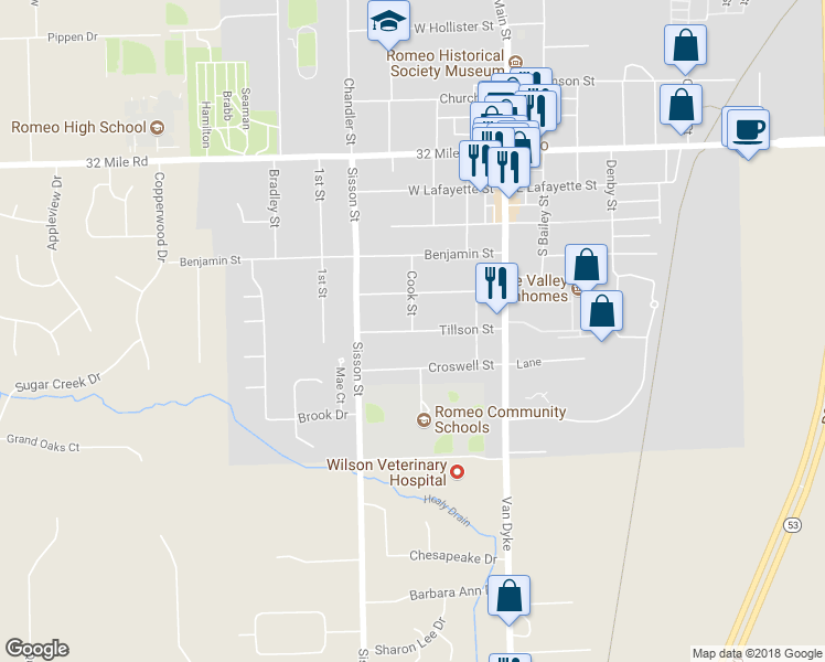 map of restaurants, bars, coffee shops, grocery stores, and more near 298 Cook Street in Romeo