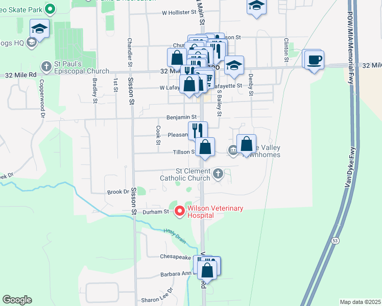 map of restaurants, bars, coffee shops, grocery stores, and more near 121 Tillson St in Romeo