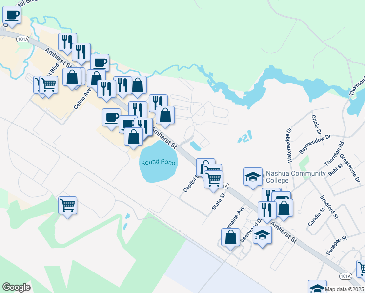 map of restaurants, bars, coffee shops, grocery stores, and more near 298A Blackstone Drive in Nashua