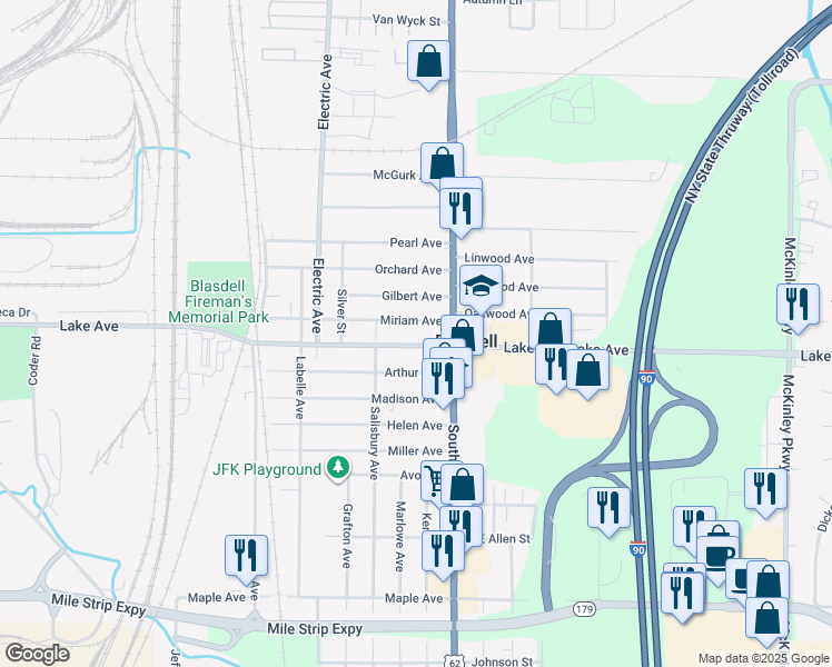map of restaurants, bars, coffee shops, grocery stores, and more near 23 Miriam Avenue in Buffalo