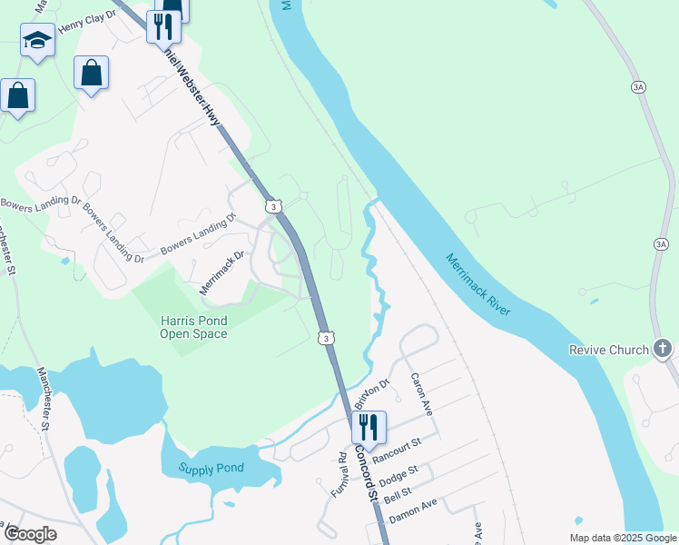 map of restaurants, bars, coffee shops, grocery stores, and more near 29 U.S. 3 in Merrimack