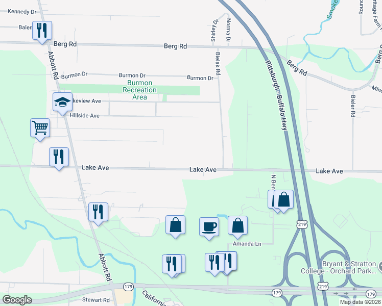 map of restaurants, bars, coffee shops, grocery stores, and more near 455 Vistula Avenue in Orchard Park