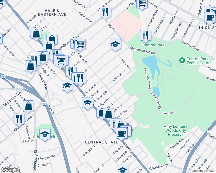 map of restaurants, bars, coffee shops, grocery stores, and more near 1769 Becker Street in Schenectady