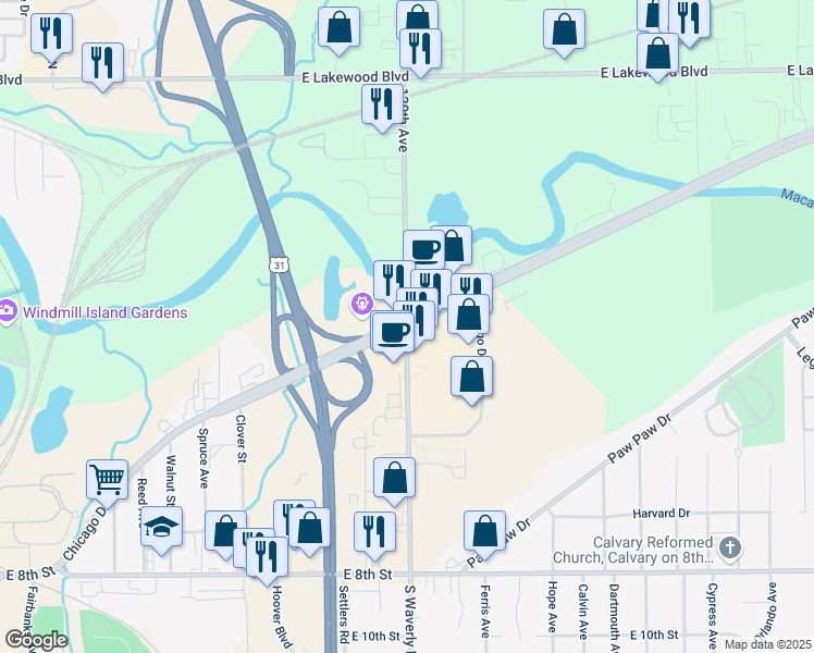 map of restaurants, bars, coffee shops, grocery stores, and more near Chicago Drive in Holland