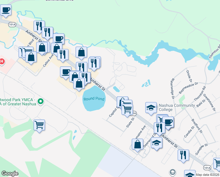 map of restaurants, bars, coffee shops, grocery stores, and more near 9 Blackstone Drive in Nashua