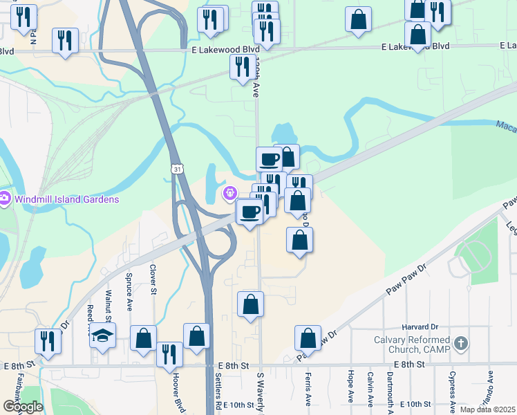 map of restaurants, bars, coffee shops, grocery stores, and more near 707 North Waverly Road in Holland
