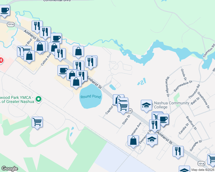 map of restaurants, bars, coffee shops, grocery stores, and more near 11 Blackstone Drive in Nashua