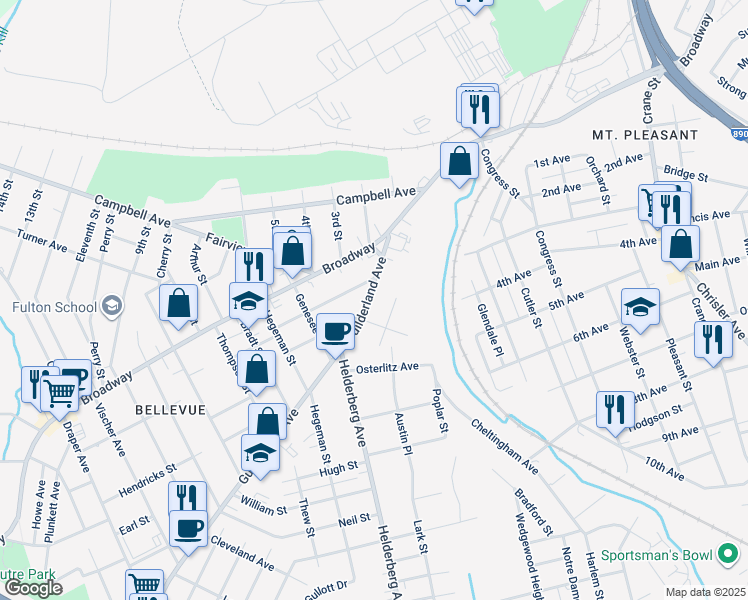 map of restaurants, bars, coffee shops, grocery stores, and more near 1802 Guilderland Avenue in Schenectady