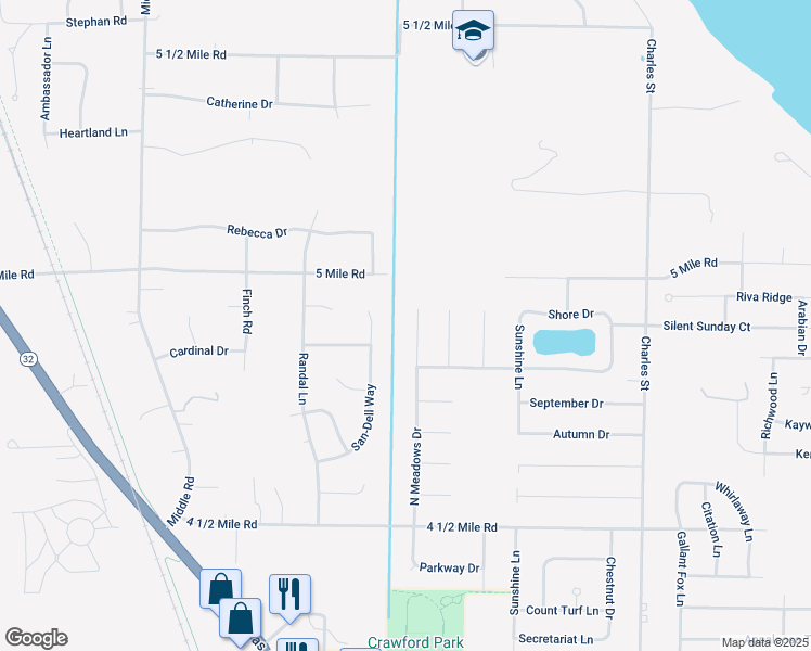map of restaurants, bars, coffee shops, grocery stores, and more near 5852 North Meadows Drive in Racine
