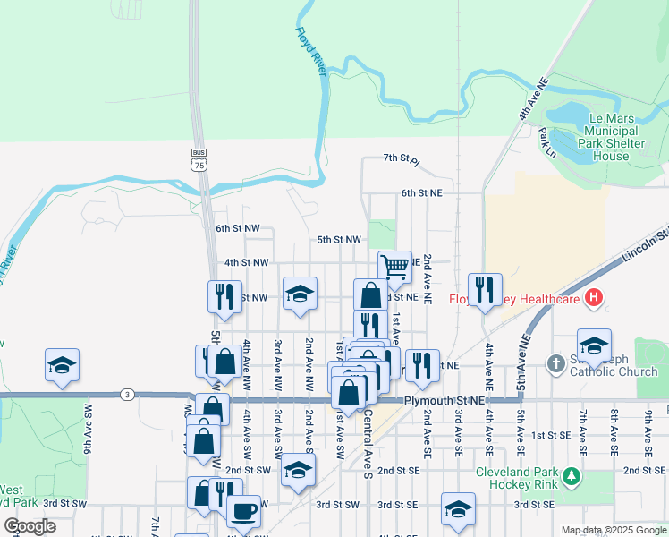 map of restaurants, bars, coffee shops, grocery stores, and more near 115 4th St NW in Le Mars