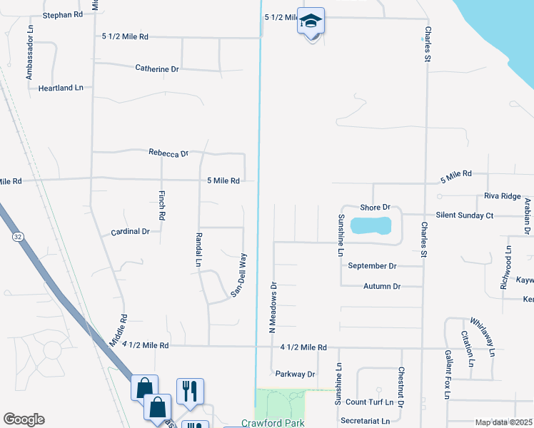 map of restaurants, bars, coffee shops, grocery stores, and more near 5852 North Meadows Drive in Racine