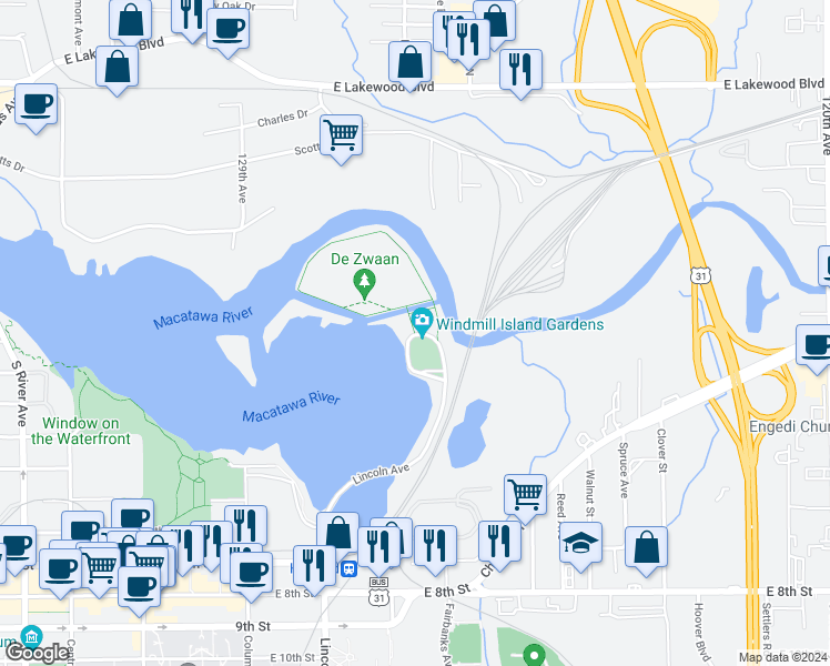 map of restaurants, bars, coffee shops, grocery stores, and more near 1 Lincoln Avenue in Holland