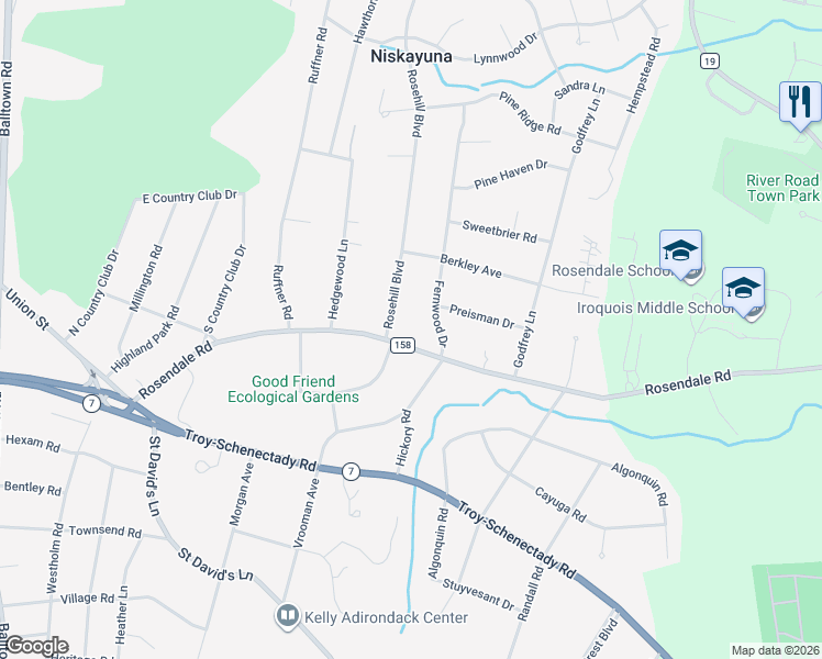 map of restaurants, bars, coffee shops, grocery stores, and more near 1115 Fernwood Drive in Schenectady County