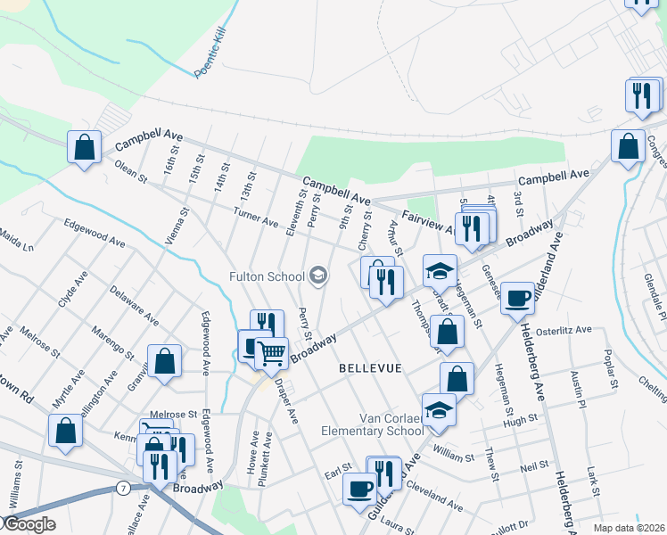 map of restaurants, bars, coffee shops, grocery stores, and more near 327 Eleanor Street in Schenectady