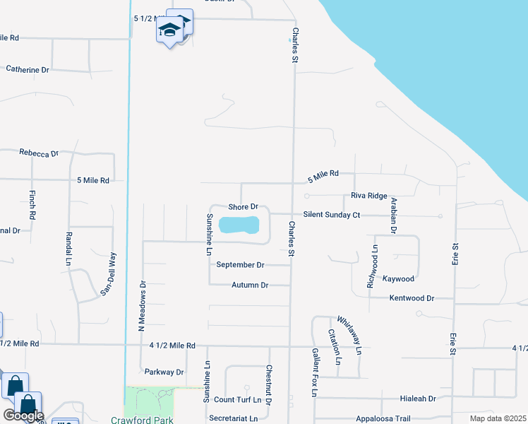map of restaurants, bars, coffee shops, grocery stores, and more near 1515 Shore Drive in Racine