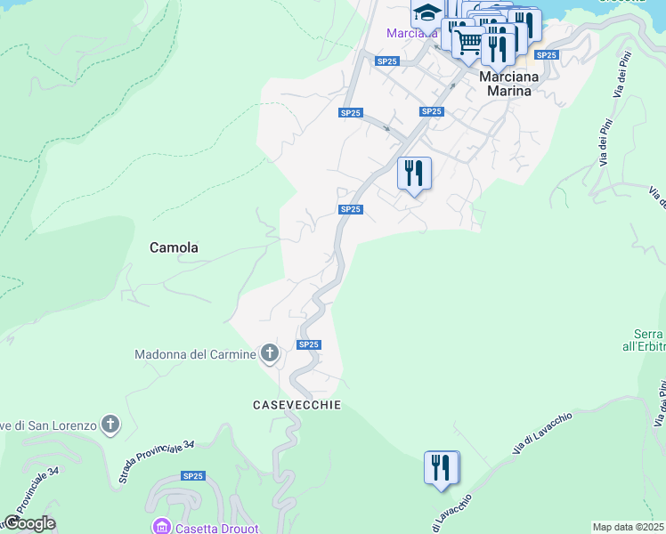 map of restaurants, bars, coffee shops, grocery stores, and more near 6 Localita Capo Al Piano in Marciana Marina