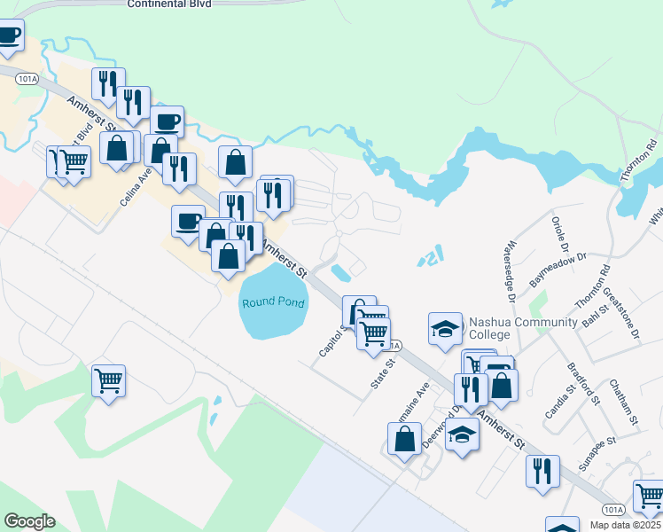 map of restaurants, bars, coffee shops, grocery stores, and more near 5 Blackstone Drive in Nashua
