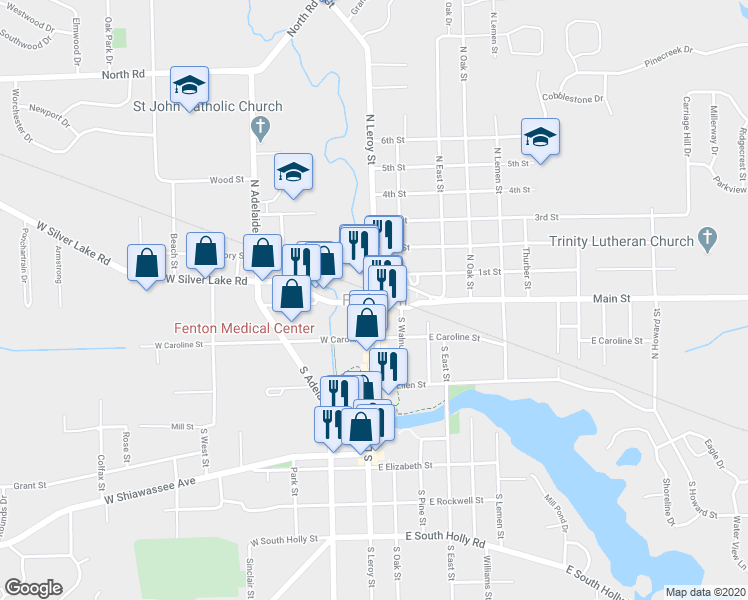 map of restaurants, bars, coffee shops, grocery stores, and more near 201 North Leroy Street in Fenton