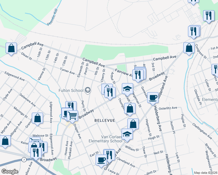map of restaurants, bars, coffee shops, grocery stores, and more near 455 Cedar Street in Schenectady