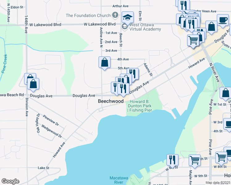 map of restaurants, bars, coffee shops, grocery stores, and more near 381 Douglas Avenue in Holland