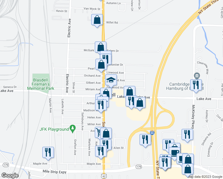 map of restaurants, bars, coffee shops, grocery stores, and more near 15 Oakwood Avenue in Buffalo