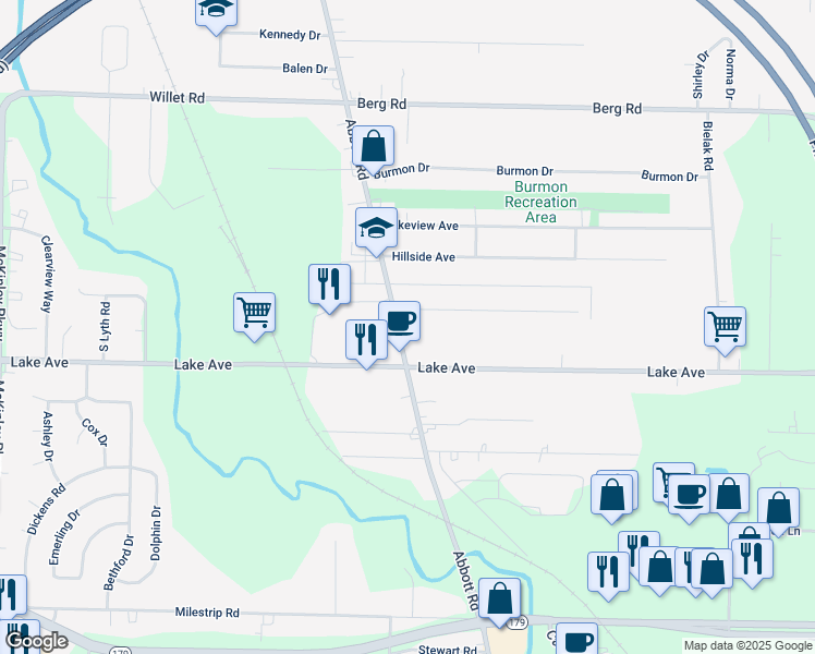 map of restaurants, bars, coffee shops, grocery stores, and more near 3209 Abbott Road in Orchard Park