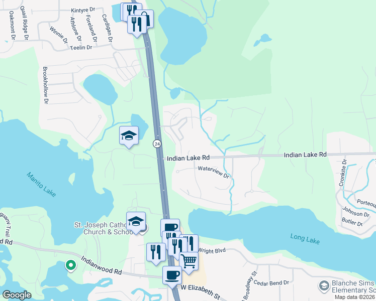 map of restaurants, bars, coffee shops, grocery stores, and more near 101 Indian Lake Road in Oakland County