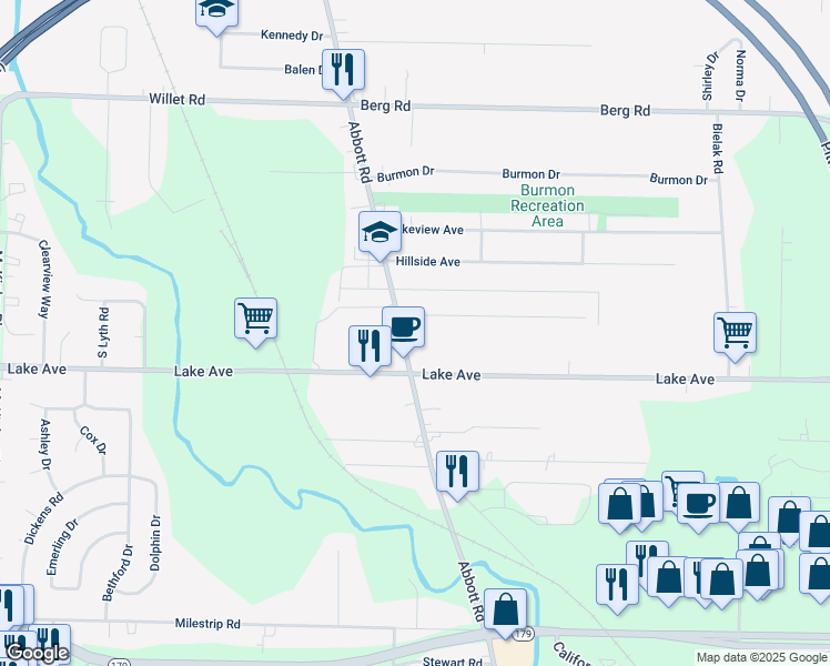 map of restaurants, bars, coffee shops, grocery stores, and more near 3209 Abbott Road in Orchard Park