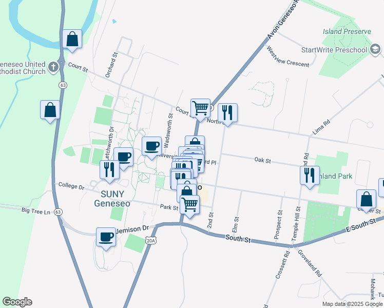 map of restaurants, bars, coffee shops, grocery stores, and more near 28 Main St in Geneseo