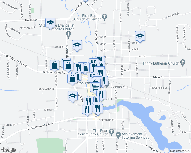 map of restaurants, bars, coffee shops, grocery stores, and more near 102 West Silver Lake Road in Fenton