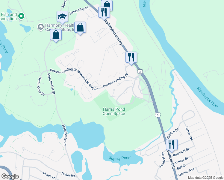 map of restaurants, bars, coffee shops, grocery stores, and more near 20 Swift Lane in Merrimack