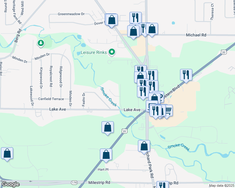 map of restaurants, bars, coffee shops, grocery stores, and more near 2 Creekside Dr in Orchard Park
