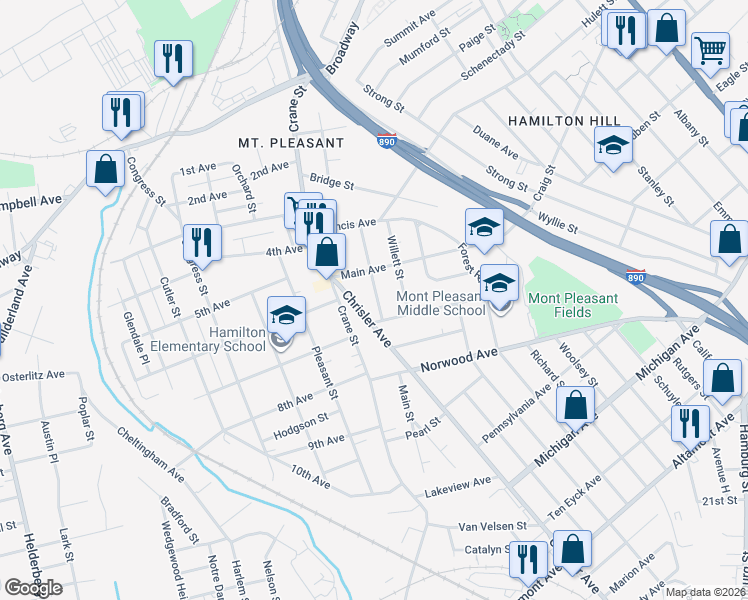 map of restaurants, bars, coffee shops, grocery stores, and more near 1104 Howard Street in Schenectady