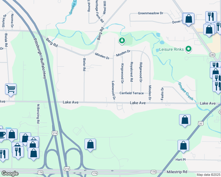 map of restaurants, bars, coffee shops, grocery stores, and more near 9 Lakewood Drive in Orchard Park