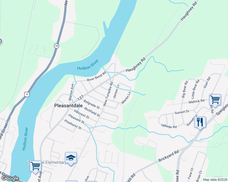 map of restaurants, bars, coffee shops, grocery stores, and more near 12 James Lane in Troy