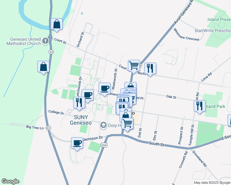 map of restaurants, bars, coffee shops, grocery stores, and more near 31 Wadsworth Street in Geneseo