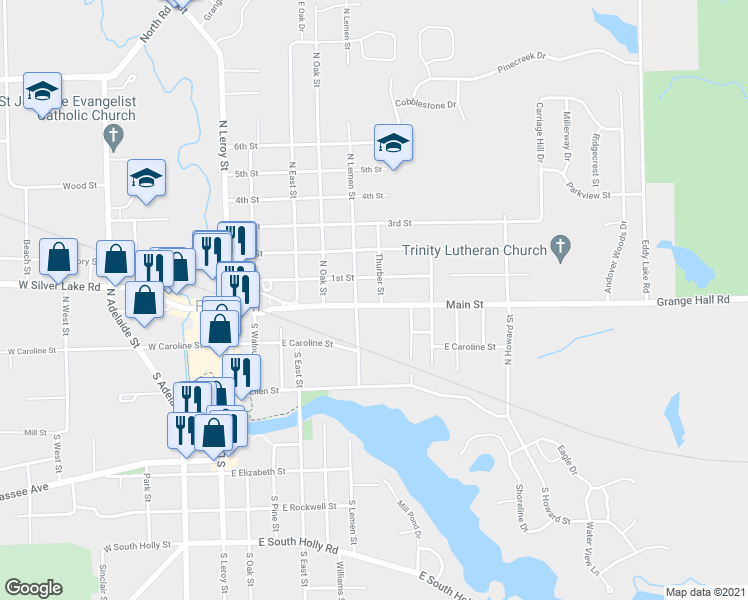 map of restaurants, bars, coffee shops, grocery stores, and more near 507 Main Street in Fenton