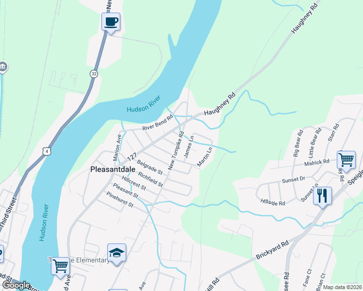 map of restaurants, bars, coffee shops, grocery stores, and more near 12 James Lane in Troy