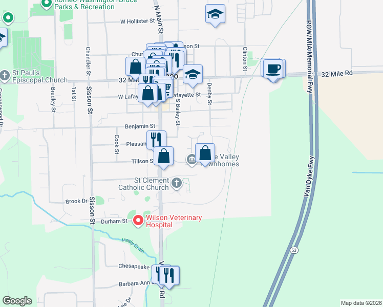 map of restaurants, bars, coffee shops, grocery stores, and more near 231 Apple Blossom Way in Romeo