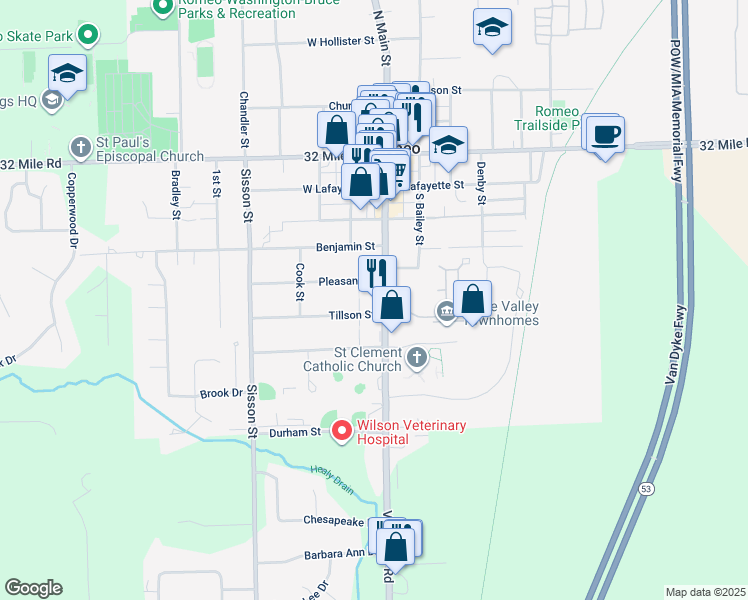 map of restaurants, bars, coffee shops, grocery stores, and more near 121 Tillson Street in Romeo