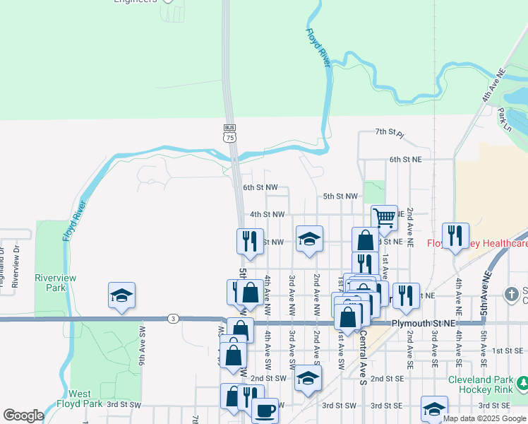 map of restaurants, bars, coffee shops, grocery stores, and more near 425 4th Avenue Northwest in Le Mars