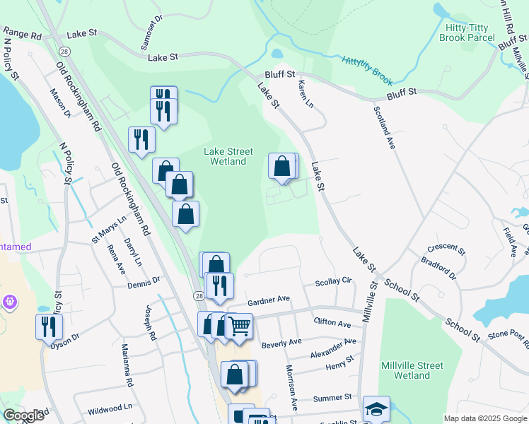 map of restaurants, bars, coffee shops, grocery stores, and more near 25 Lake Street in Salem