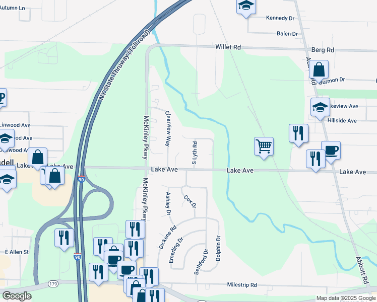 map of restaurants, bars, coffee shops, grocery stores, and more near 3214 South Lyth Road in Buffalo